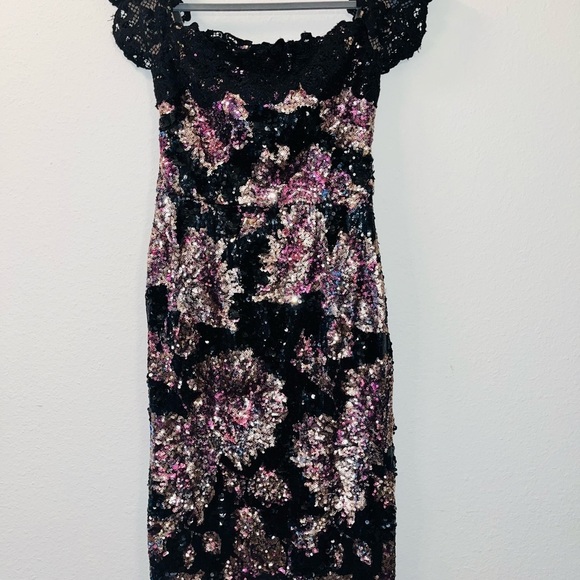 MARCHESA NOTTE dress black pink 8 floral sequin lace off the shoulder formal - Picture 6 of 16